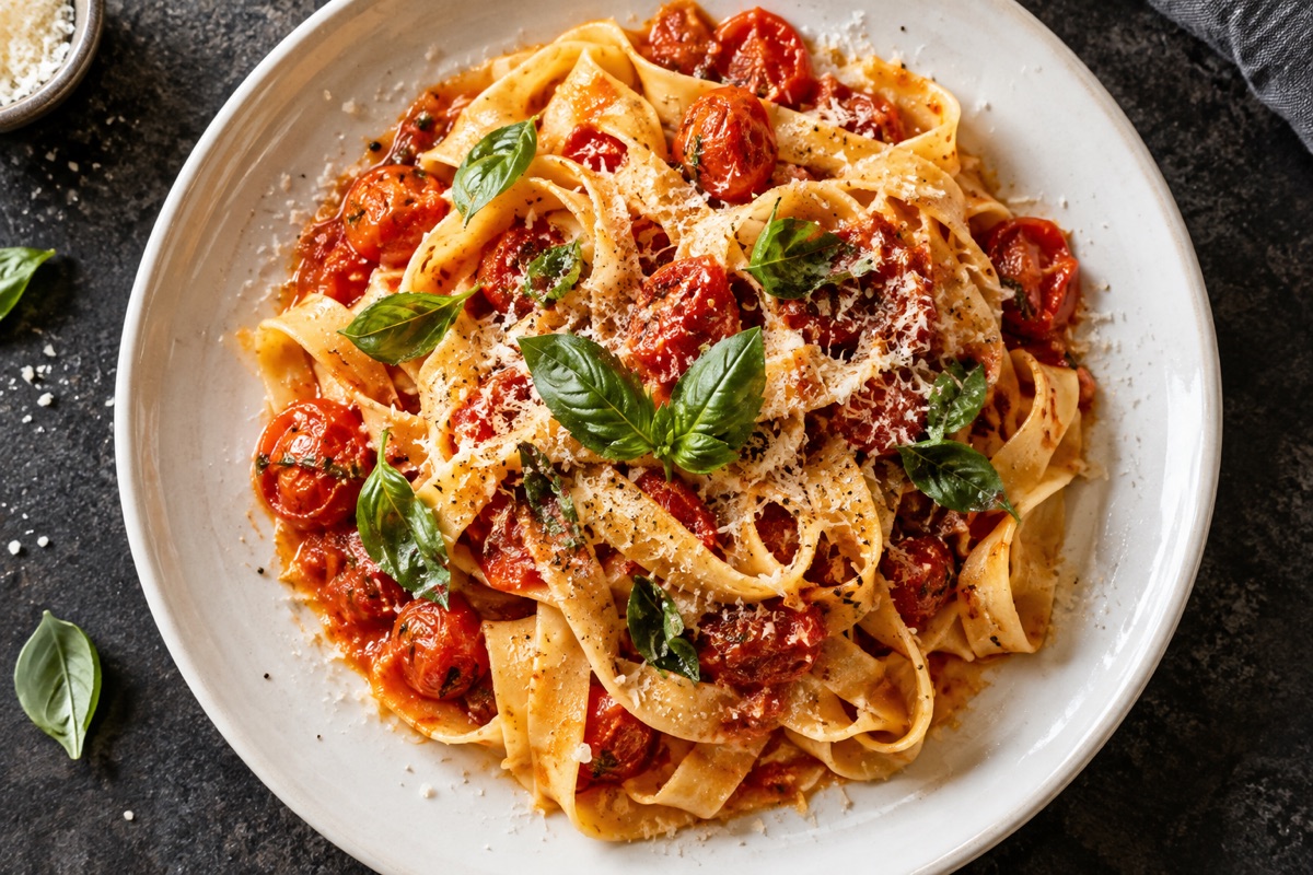 Illustrative handmade pasta with tomato and basil